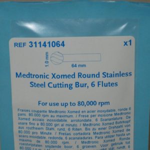 Medtronic Xomed Round Stainless Steel Cutting Bur 1 mm x 64 mm 6 flutes