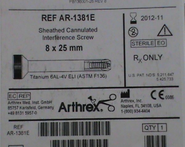 Arthrex AR-1381E Tornillo de Interferencia Cannulated Sheathed