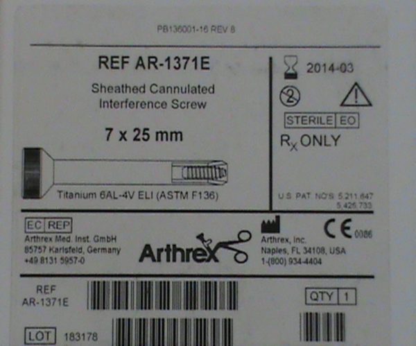 Arthrex forrado canulado Interferencia Tornillo 7 25 x mm Titanio 6AL-4V ELI (ASTM F136)
