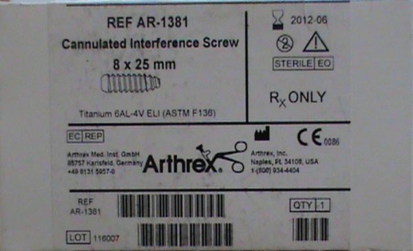 Arthrex Cannulated Interference Screw 8 x 25mm Titanium