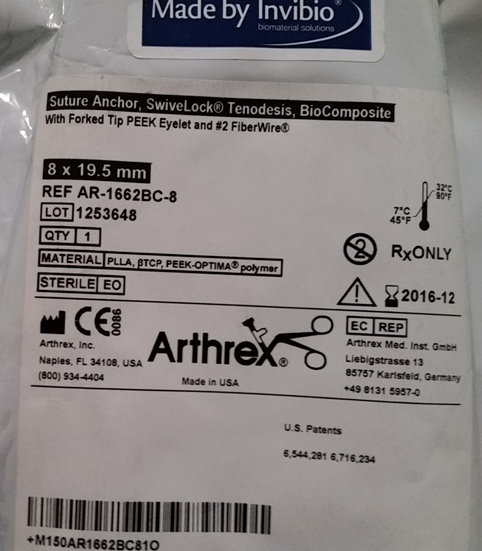 Arthrex AR-1662BC-8 BioComposite SwiveLock Suture Anchor