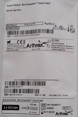 Arthex AR-1934BCFT Anclaje de sutura Suturetak de biocompuesto