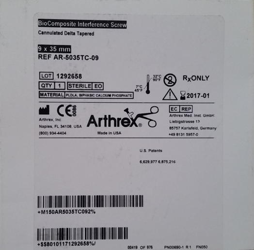 Arthrex AR-5035TC-09 BioComposite Interference Screw
