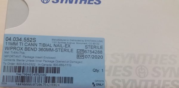 Synthes Cann Tibial Nail EX W Prox Bend