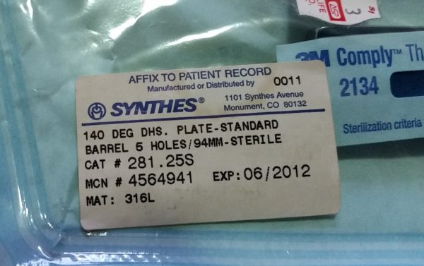 Synthes 140 Deg DHS orificios de la placa 6 94mm