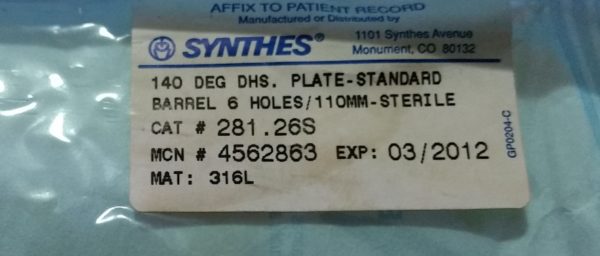 Synthes 140 Deg DHS Trous Plate 6