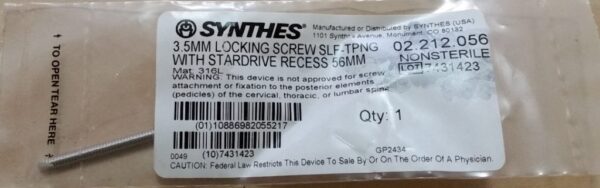 Synthes 3.5MM Locking Screw Self-Tapping 56MM Nonsterile