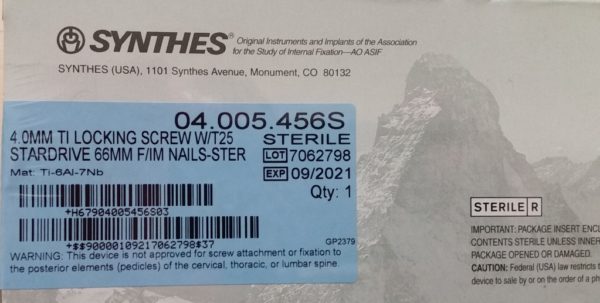 04.005.456S: Synthes 4MM TI Locking Screw 66MM