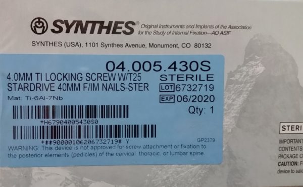 04.005.430S | Synthes 4MM TI Locking Screw 40MM