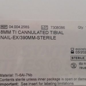 04.004.258S : Synthes 8MM Tibial Nail EX 390mm