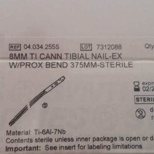 Synthes 8MM tibiale Nail EX w Prox Bend 375MM