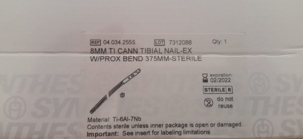 Synthes 8MM tibiale Nail EX w Prox Bend 375MM