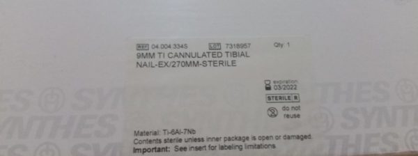 Synthes 04.004.334S TI Cannulated Tibial Nail