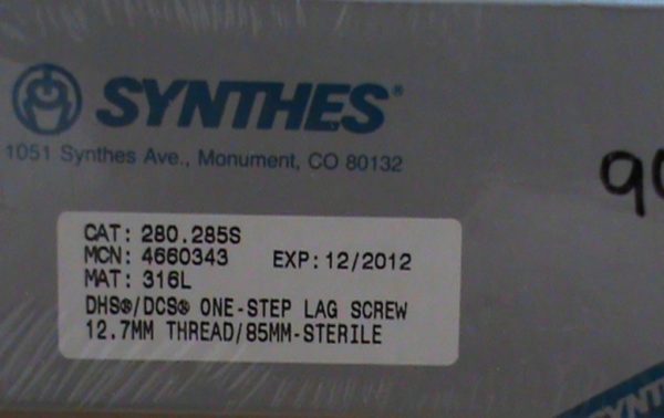 Synthes DHS-DCS Un paso Lag tornillo de rosca 12.7mm x 85mm