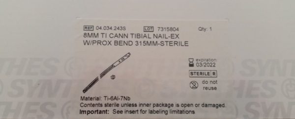 Synthes 8MM Tibial Nail EX w Prox Bend 315MM